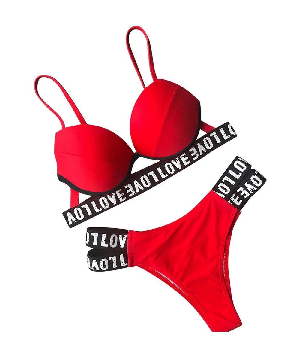 Sets Women Bikini Set Letter Printed Strappy Bra Top Swimwear Sporty Shorty Side Cut Tanga Set - Red - C118T4REL6H $22.63