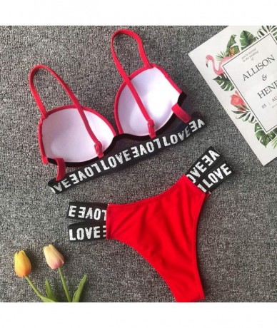 Sets Women Bikini Set Letter Printed Strappy Bra Top Swimwear Sporty Shorty Side Cut Tanga Set - Red - C118T4REL6H $22.63