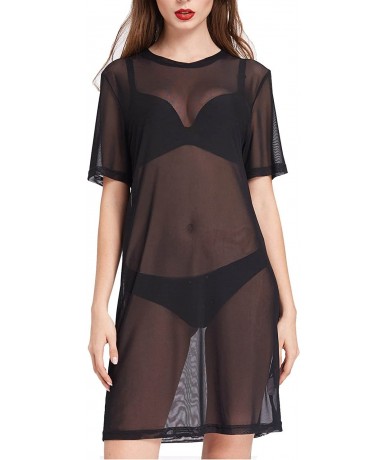 One-Pieces Women's Beach Cover Ups See Through Mesh Crew Neck T-Shirt Dress - Black - CQ18LQ2M3OH $16.37