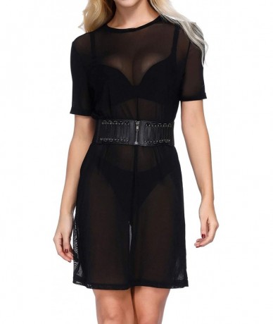 One-Pieces Women's Beach Cover Ups See Through Mesh Crew Neck T-Shirt Dress - Black - CQ18LQ2M3OH $16.37