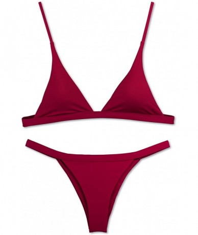 Sets Bikini Swimsuit for Women Sexy Solid Color Two Pieces Bathing Suit Triangle Top High Cut Thong Bottom Swimwear - Garnet ...