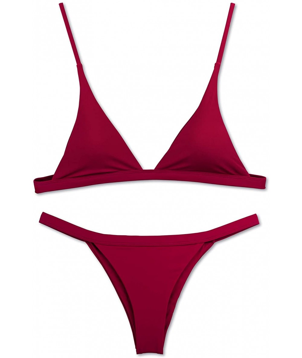 Sets Bikini Swimsuit for Women Sexy Solid Color Two Pieces Bathing Suit Triangle Top High Cut Thong Bottom Swimwear - Garnet ...