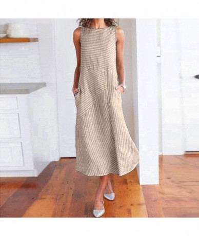 Board Shorts Summer Women's Vest Dress Striped Sleeveless V-Neck Party Casual Loose Dress - Khaki - C018SO730H3 $33.10