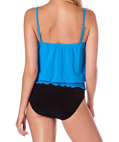 Tops Women's Swimwear Solid Justina Blouson Style V-Neck Tankini Top with Soft Cup Bra and Adjustable Straps - Azure - CW18I9...