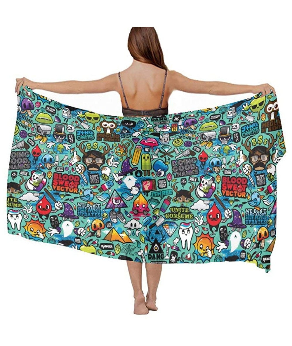 Cover-Ups Women Luxury Chiffon Swimwear Cover Up- Oversize Beach Sarong Shawl Wrap - Cartoon Design - CE19C4WD6AQ $47.05