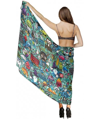 Cover-Ups Women Luxury Chiffon Swimwear Cover Up- Oversize Beach Sarong Shawl Wrap - Cartoon Design - CE19C4WD6AQ $47.05