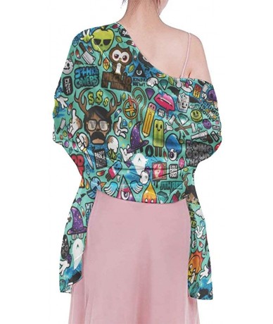 Cover-Ups Women Luxury Chiffon Swimwear Cover Up- Oversize Beach Sarong Shawl Wrap - Cartoon Design - CE19C4WD6AQ $47.05