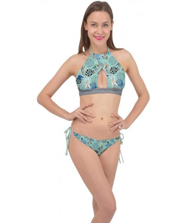 Sets Womens Bathing Suit Vintage Aztec Indigo Floral Cross Front Halter Bikini Set- XS-3XL - Light Sky Blue - CZ18TK56NI6 $47.47