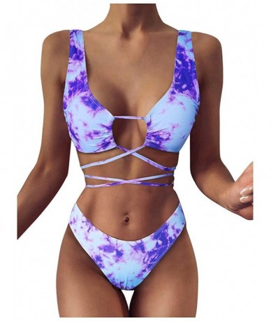 Sets Women's Sexy Bandage Swimsuit Tie Dye Printed Swimwear High Waist High Cut Calf Two Piece Set Bikini Suit Purple - CL190...