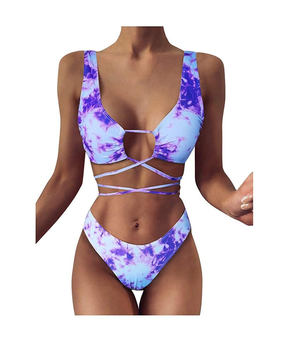 Sets Women's Sexy Bandage Swimsuit Tie Dye Printed Swimwear High Waist High Cut Calf Two Piece Set Bikini Suit Purple - CL190...