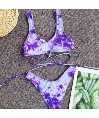 Sets Women's Sexy Bandage Swimsuit Tie Dye Printed Swimwear High Waist High Cut Calf Two Piece Set Bikini Suit Purple - CL190...