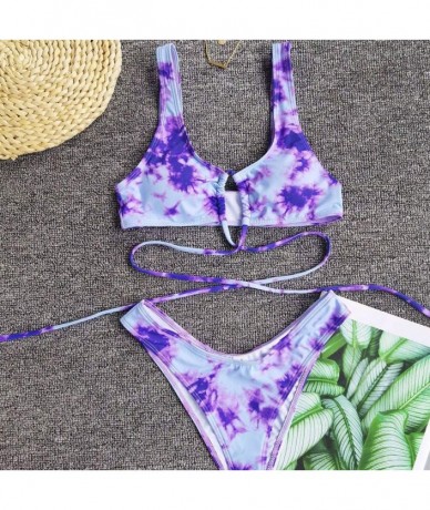 Sets Women's Sexy Bandage Swimsuit Tie Dye Printed Swimwear High Waist High Cut Calf Two Piece Set Bikini Suit Purple - CL190...