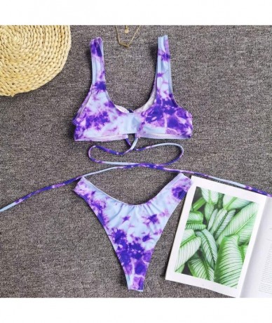 Sets Women's Sexy Bandage Swimsuit Tie Dye Printed Swimwear High Waist High Cut Calf Two Piece Set Bikini Suit Purple - CL190...