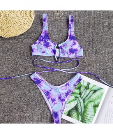 Sets Women's Sexy Bandage Swimsuit Tie Dye Printed Swimwear High Waist High Cut Calf Two Piece Set Bikini Suit Purple - CL190...