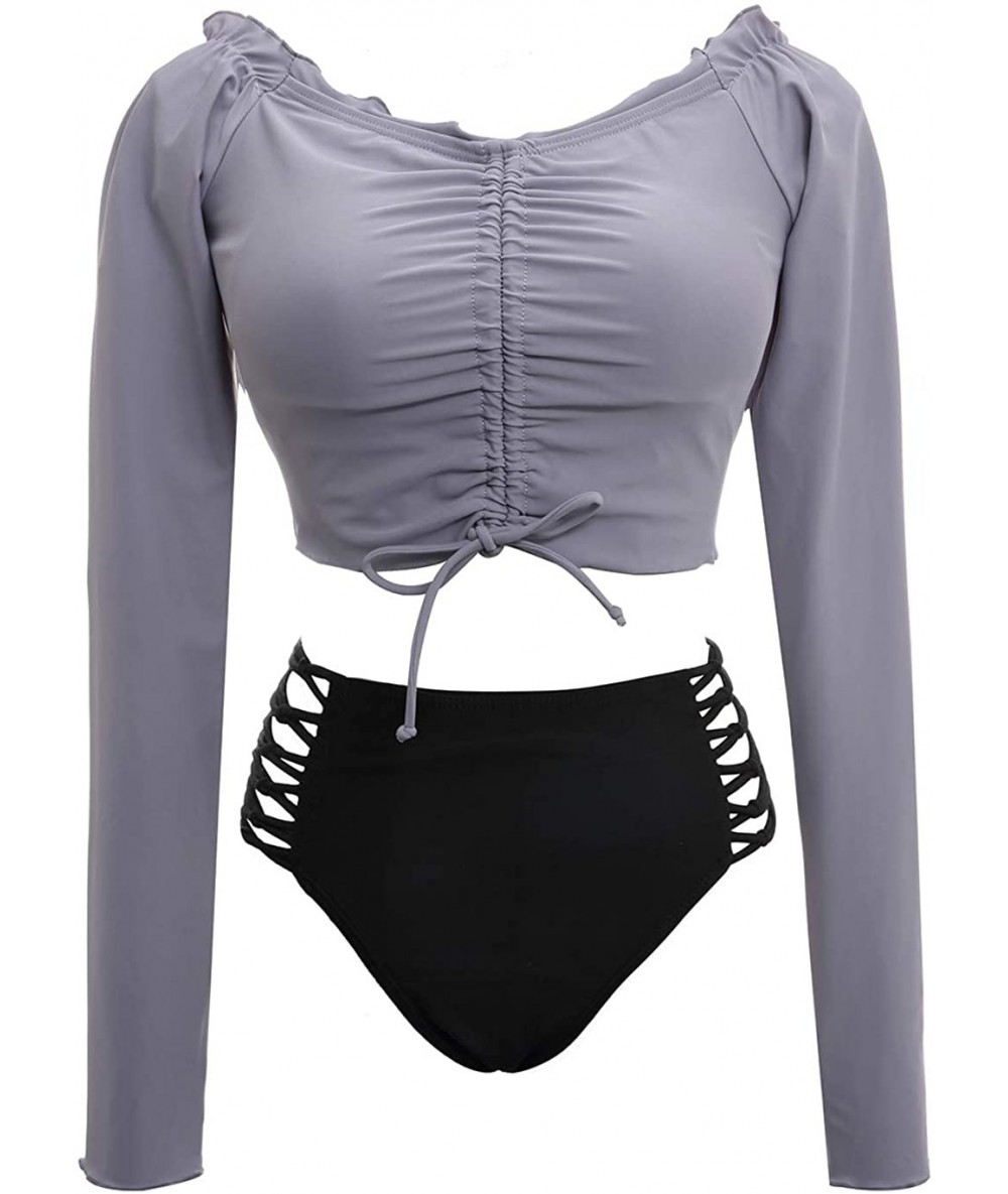 Sets Women's Long Sleeve Swimsuit Top Tankinis Set Meshed High Waist Bathing Swimsuit - Grey - CE194L4D6DX $51.85