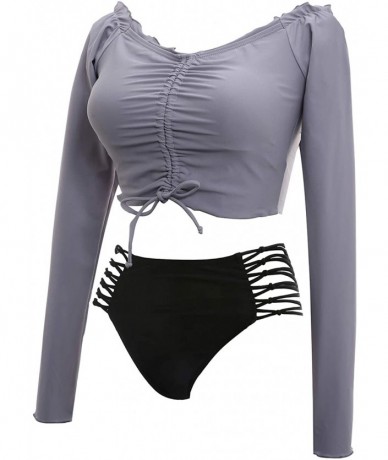 Sets Women's Long Sleeve Swimsuit Top Tankinis Set Meshed High Waist Bathing Swimsuit - Grey - CE194L4D6DX $51.85