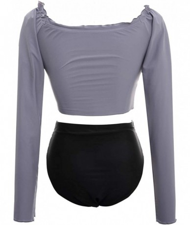 Sets Women's Long Sleeve Swimsuit Top Tankinis Set Meshed High Waist Bathing Swimsuit - Grey - CE194L4D6DX $51.85