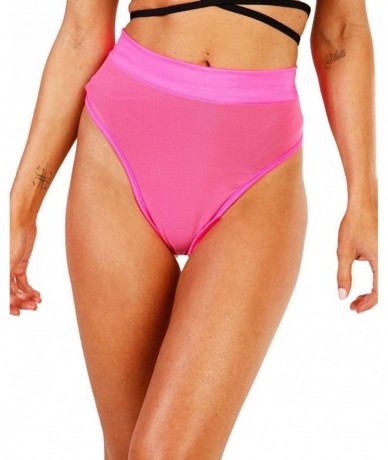 Bottoms Women's Festival Rave Thong Booty Shorts - Mesh High Waisted - Neon Pink - CQ192TICCE2 $40.22