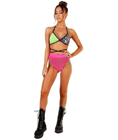 Bottoms Women's Festival Rave Thong Booty Shorts - Mesh High Waisted - Neon Pink - CQ192TICCE2 $40.22