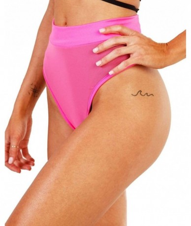 Bottoms Women's Festival Rave Thong Booty Shorts - Mesh High Waisted - Neon Pink - CQ192TICCE2 $40.22