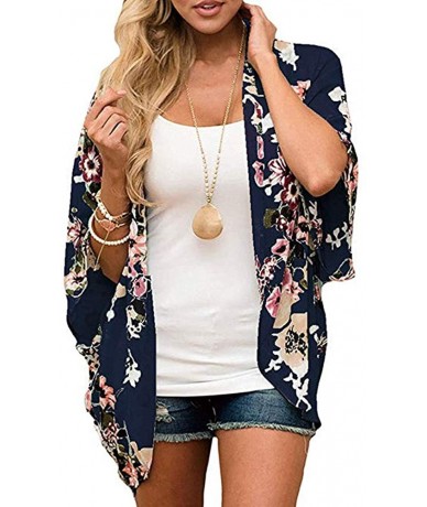 Cover-Ups Womens Floral Kimono Cardigan Half Sleeve Chiffon Beach Cover Ups Loose Blouse Tops Kimonos for Women - Navy Blue -...