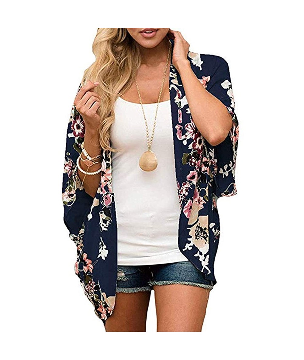 Cover-Ups Womens Floral Kimono Cardigan Half Sleeve Chiffon Beach Cover Ups Loose Blouse Tops Kimonos for Women - Navy Blue -...