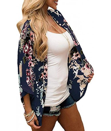 Cover-Ups Womens Floral Kimono Cardigan Half Sleeve Chiffon Beach Cover Ups Loose Blouse Tops Kimonos for Women - Navy Blue -...