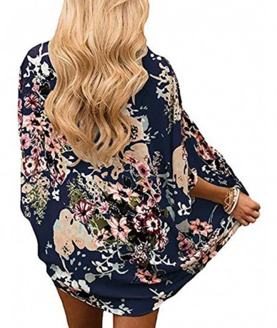 Cover-Ups Womens Floral Kimono Cardigan Half Sleeve Chiffon Beach Cover Ups Loose Blouse Tops Kimonos for Women - Navy Blue -...