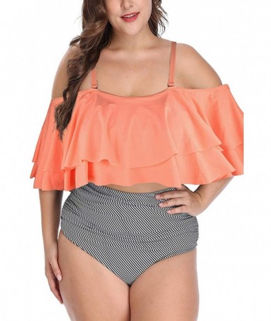 Sets Plus Size Two Piece Swimsuits for Women Off Shoulder Top High Waisted Ruched Bikini - Pink Stripe - CF18URTMEGA $47.42