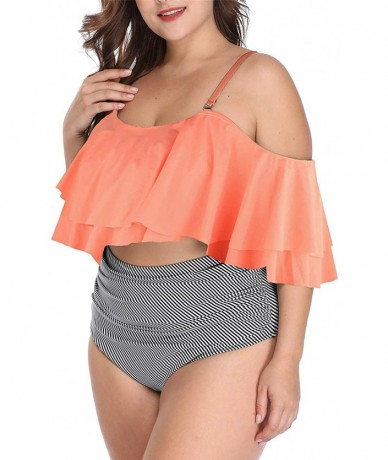 Sets Plus Size Two Piece Swimsuits for Women Off Shoulder Top High Waisted Ruched Bikini - Pink Stripe - CF18URTMEGA $47.42