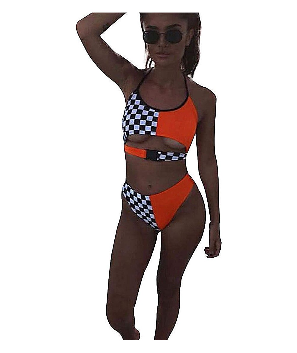 Sets Sexy Plaid Swimsuit Buckle Front Tankini Padded Swimwear Halter Bathing Suit Contrast Color Bikini - Orange - C2196GZMSC...