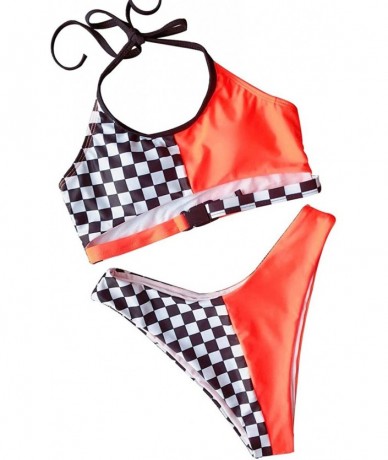 Sets Sexy Plaid Swimsuit Buckle Front Tankini Padded Swimwear Halter Bathing Suit Contrast Color Bikini - Orange - C2196GZMSC...