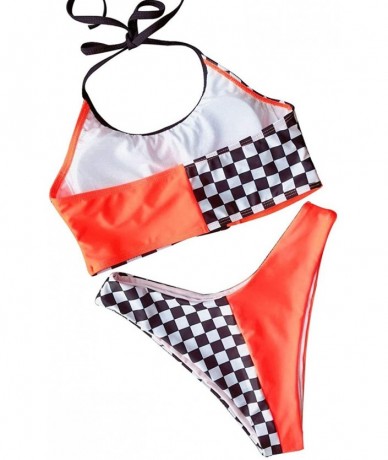 Sets Sexy Plaid Swimsuit Buckle Front Tankini Padded Swimwear Halter Bathing Suit Contrast Color Bikini - Orange - C2196GZMSC...