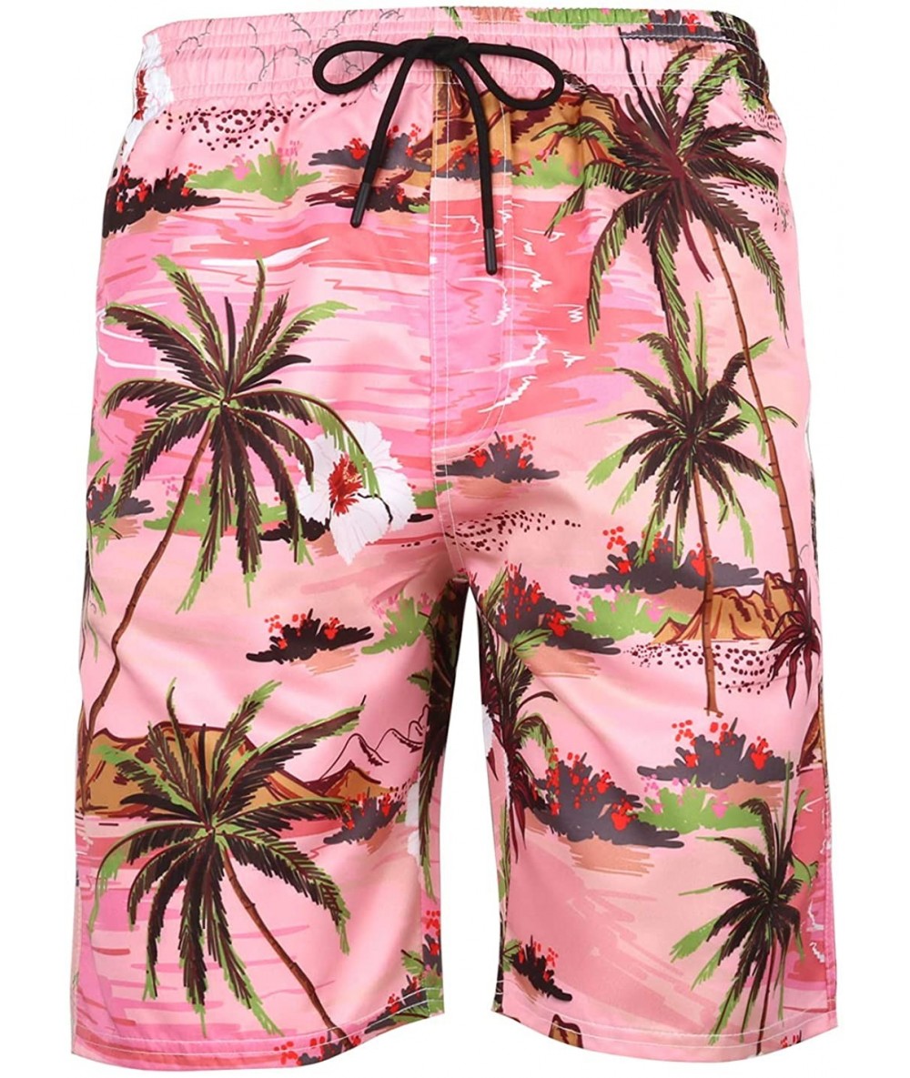 Board Shorts Men's Quick Dry Swim Trunks Long Palm Beach Board Shorts Bathing Suit - Palm-pink - CE19EYHU5QX $35.97