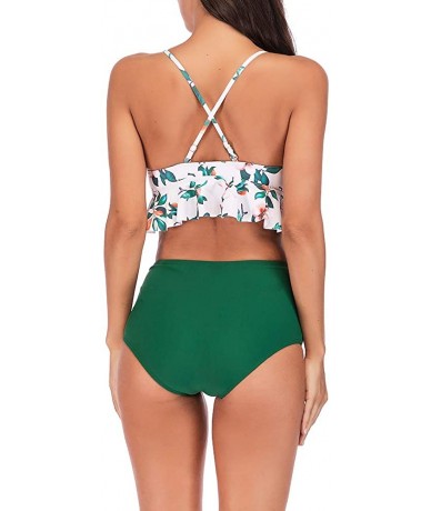 Sets Swimsuit for Women Two Pieces Bathing Suits Top Ruffled Racerback with High Waisted Bottom Bikini Set Flowers and Green ...