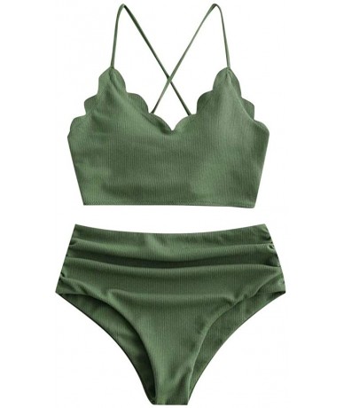 Racing Women's Scalloped Textured Swimwear High Waisted Wide Strap Crisscross Back Lace-up Bikini Set Swimsuit - Green - C519...