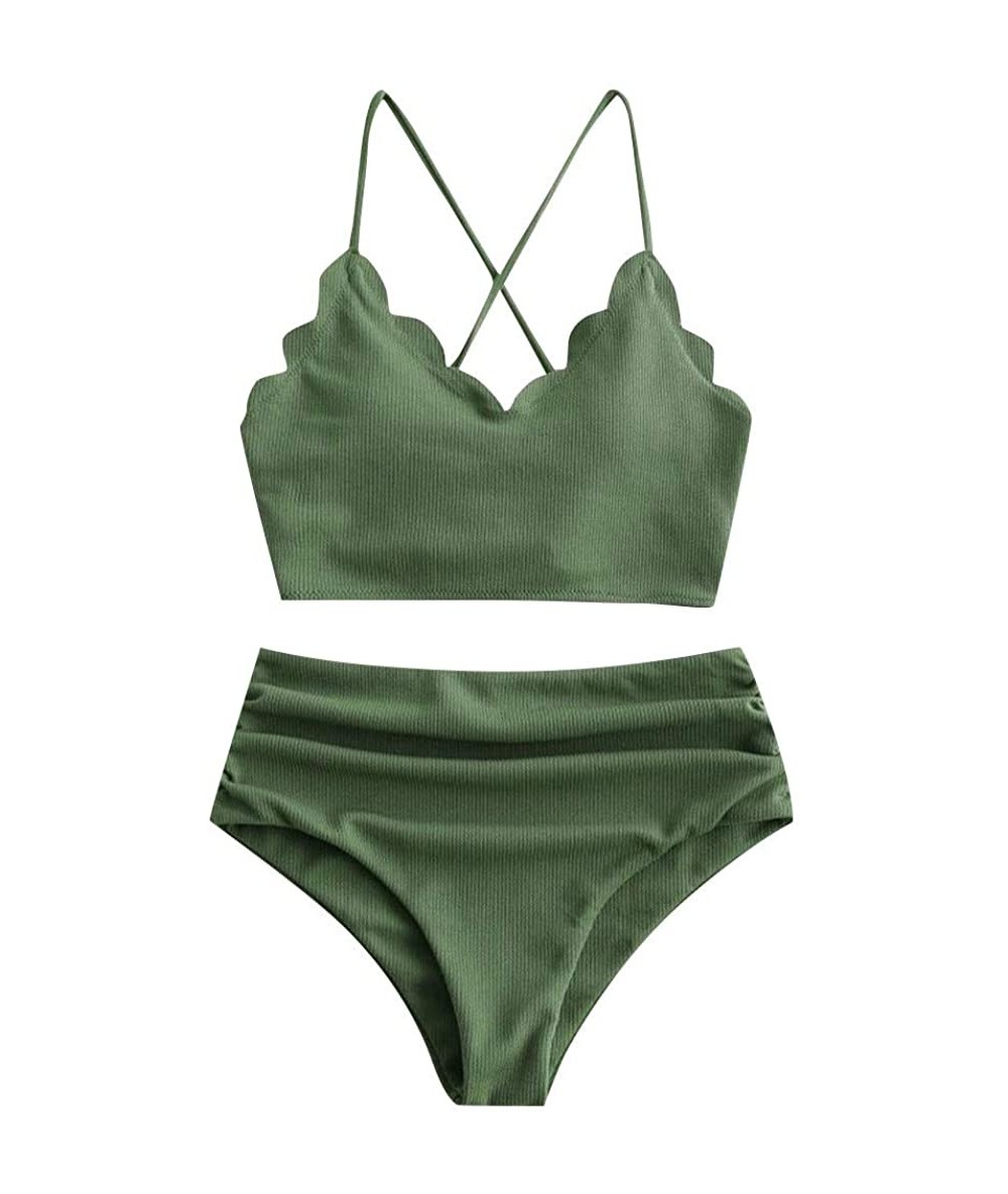 Racing Women's Scalloped Textured Swimwear High Waisted Wide Strap Crisscross Back Lace-up Bikini Set Swimsuit - Green - C519...