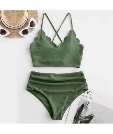 Racing Women's Scalloped Textured Swimwear High Waisted Wide Strap Crisscross Back Lace-up Bikini Set Swimsuit - Green - C519...