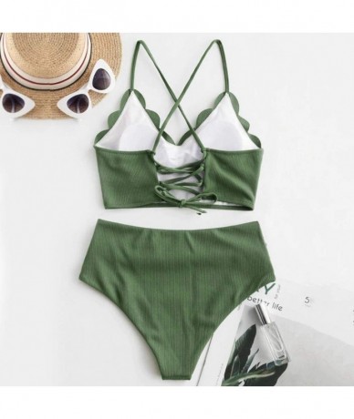 Racing Women's Scalloped Textured Swimwear High Waisted Wide Strap Crisscross Back Lace-up Bikini Set Swimsuit - Green - C519...