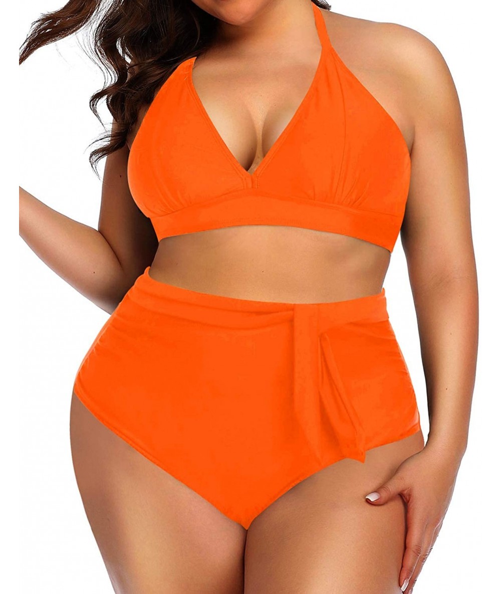 Sets Womens Plus Size Bikini Swimsuit Two Piece V Neck Top with High Waisted Bikini Bottom Bathing Suits - Orange - C0193E734...