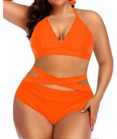 Sets Womens Plus Size Bikini Swimsuit Two Piece V Neck Top with High Waisted Bikini Bottom Bathing Suits - Orange - C0193E734...