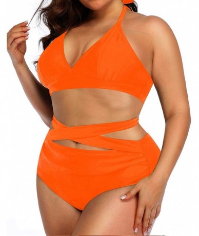 Sets Womens Plus Size Bikini Swimsuit Two Piece V Neck Top with High Waisted Bikini Bottom Bathing Suits - Orange - C0193E734...