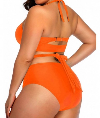 Sets Womens Plus Size Bikini Swimsuit Two Piece V Neck Top with High Waisted Bikini Bottom Bathing Suits - Orange - C0193E734...