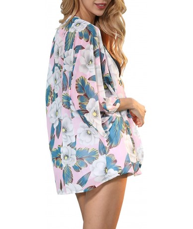 Cover-Ups Women Casual Floral Chiffon Kimono Cover Up Beach Wear Blouse Top - 110 Pink - C1194OAOG99 $20.70