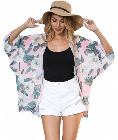 Cover-Ups Women Casual Floral Chiffon Kimono Cover Up Beach Wear Blouse Top - 110 Pink - C1194OAOG99 $20.70