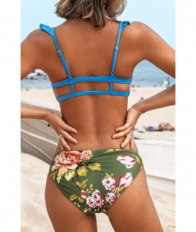 Sets Women's Ruffles Lace Up Floral Print Bikini Sets - Blue - CH195R90MCU $49.92