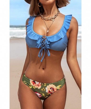 Sets Women's Ruffles Lace Up Floral Print Bikini Sets - Blue - CH195R90MCU $49.92