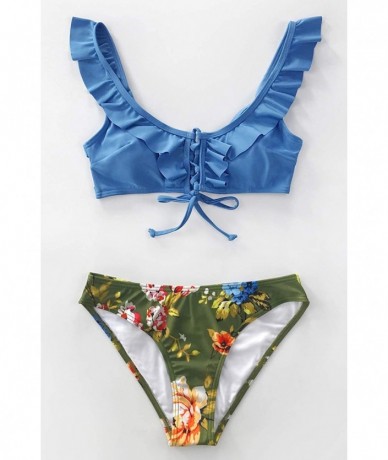 Sets Women's Ruffles Lace Up Floral Print Bikini Sets - Blue - CH195R90MCU $49.92