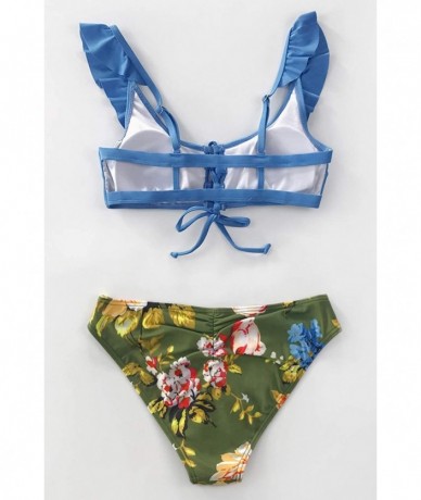 Sets Women's Ruffles Lace Up Floral Print Bikini Sets - Blue - CH195R90MCU $49.92