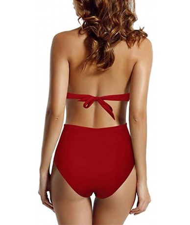 One-Pieces Womens Deep V Neck High Waisted Halter One Piece Monokini Swimsuit - Red - C018N0CGR0R $26.10